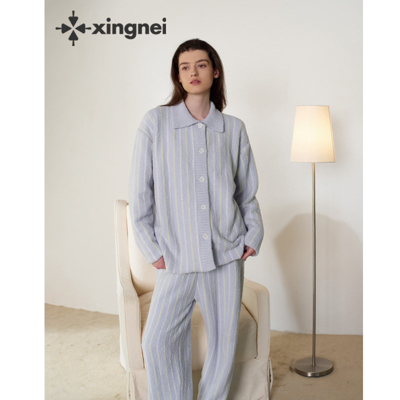 形内睡衣女套装半边绒冬季条纹2025新款加绒可外穿家居服情侣保暖