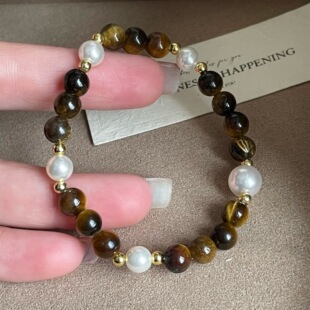 S925纯银复古虎眼石珍珠串珠叠戴手链女轻奢小众设计手绳高级感