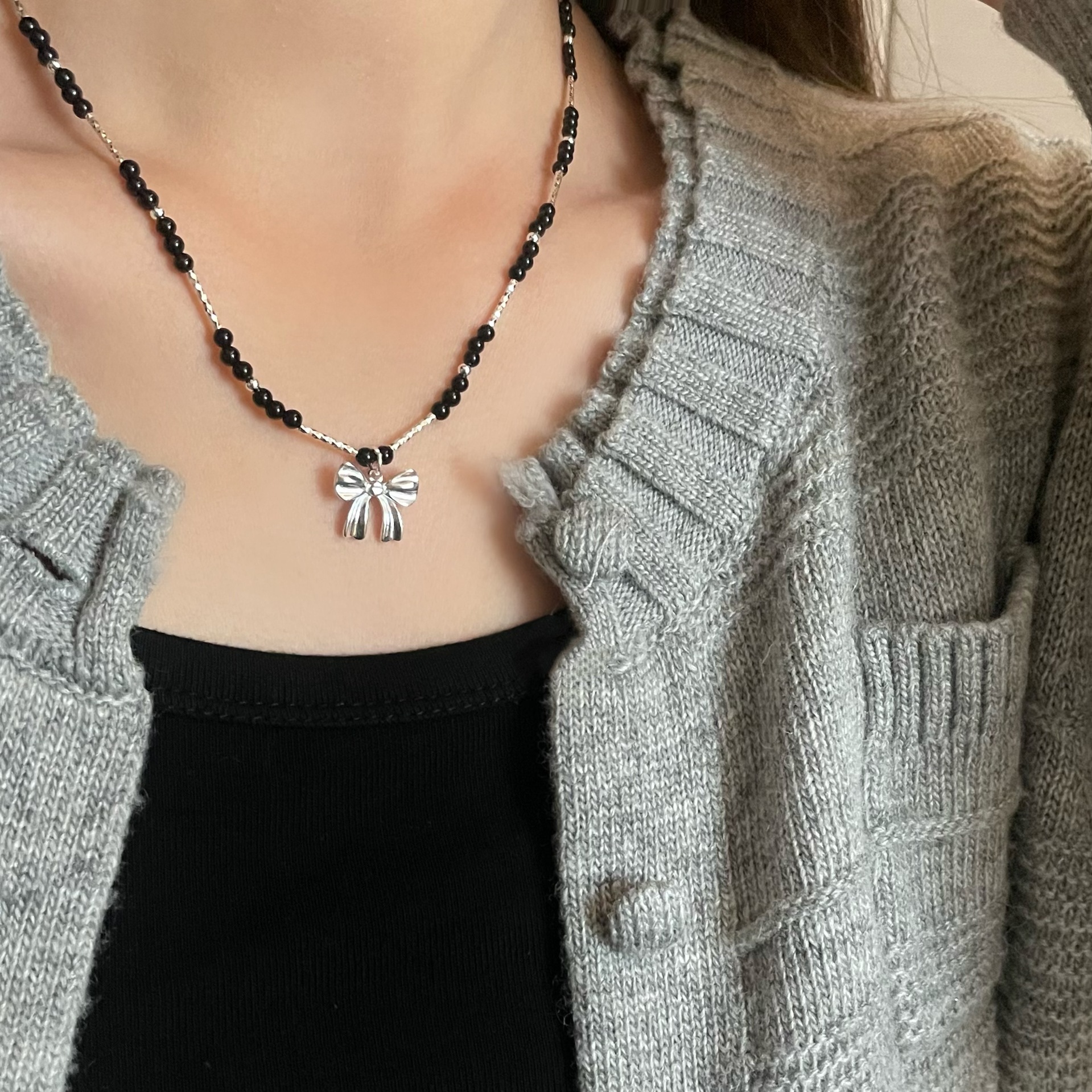 纯银蝴蝶结黑色项链精致韩系
