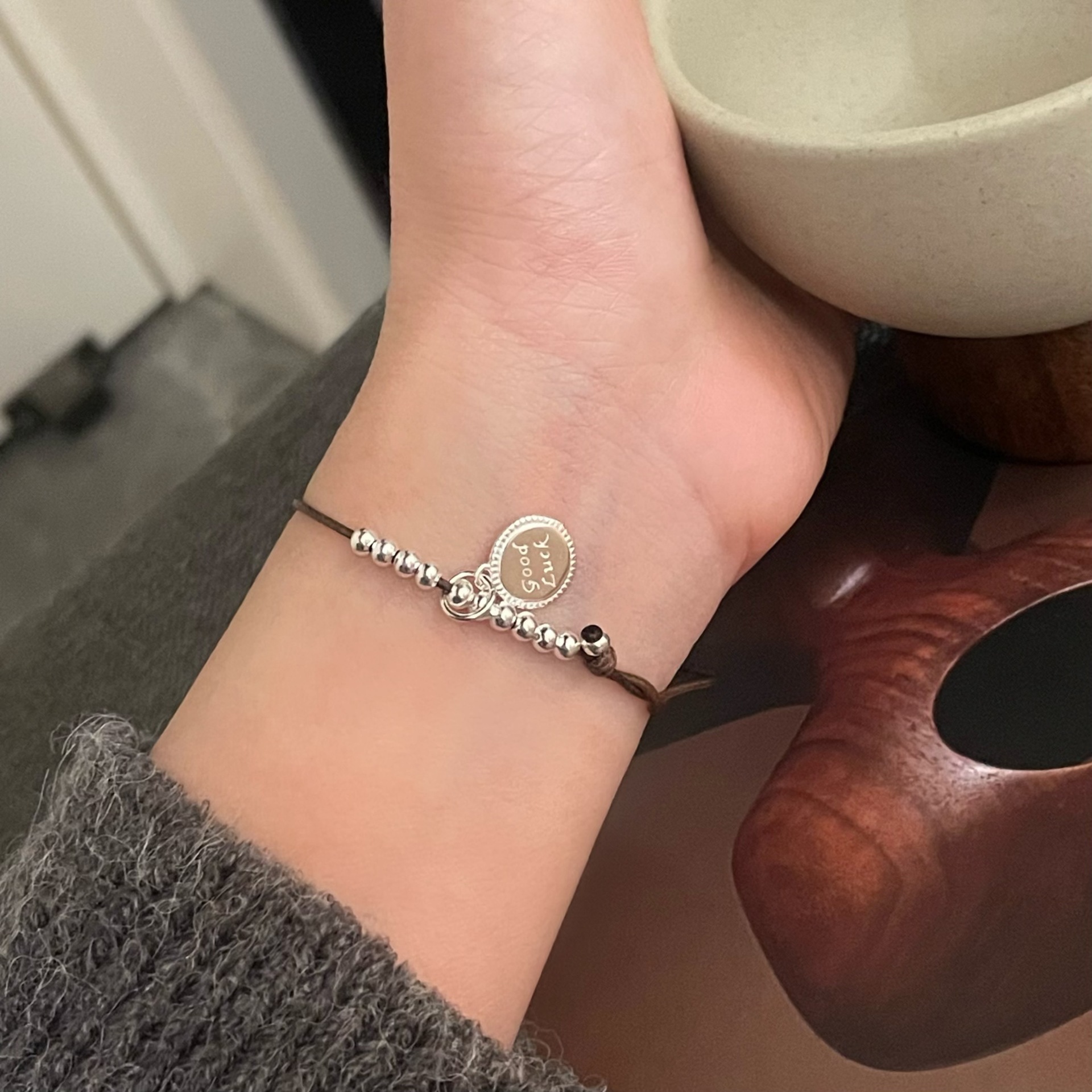 纯银幸运圆牌编织手链