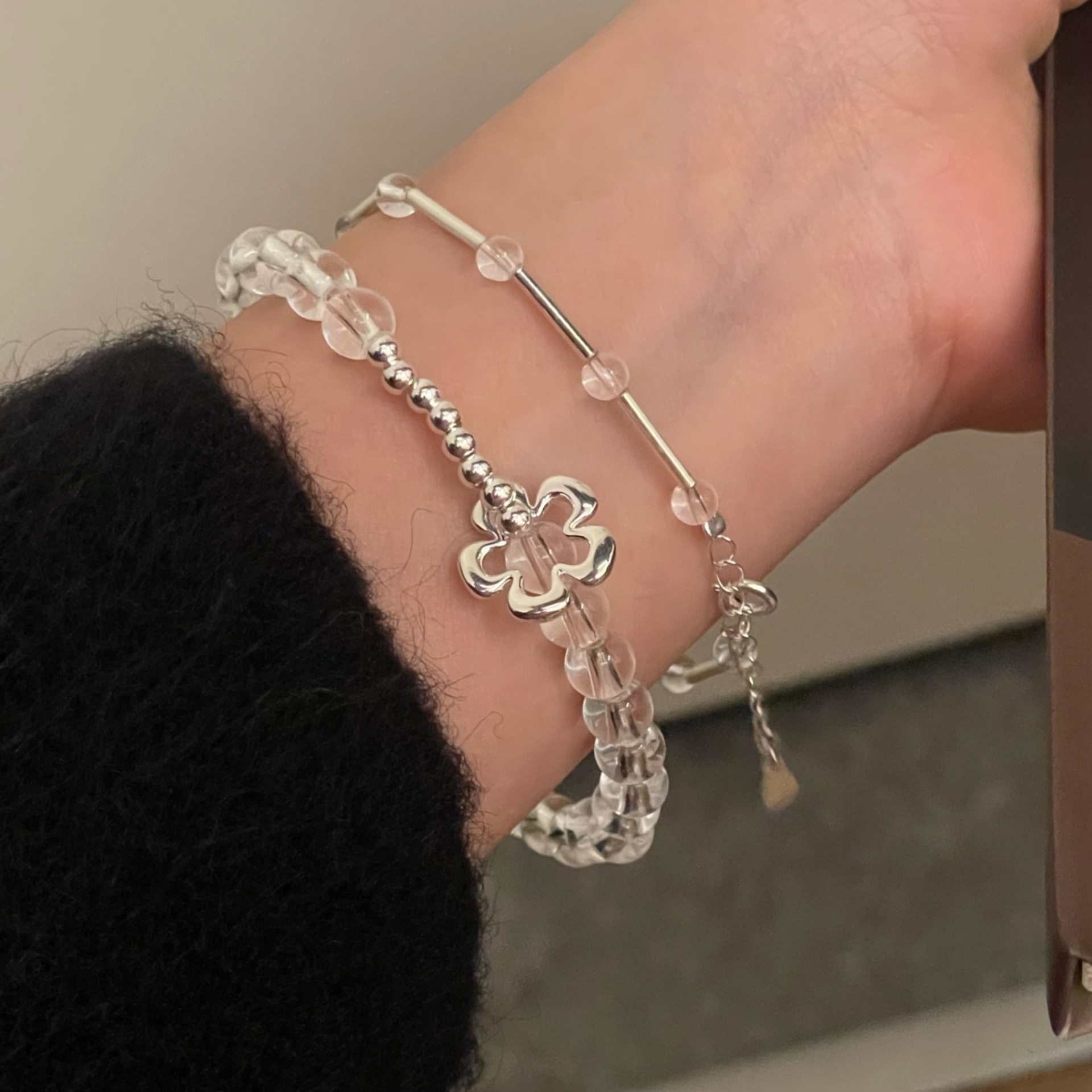 纯银竹节花朵手链小众设计