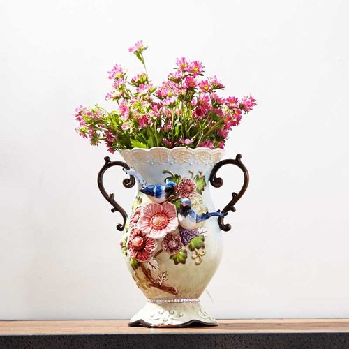 陶瓷欧式田园大号花插客厅摆件插花蓝凤桃花大花瓶干花花瓶装饰品