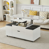 奶油风实木欧松板升降茶几小户型多功能茶几客厅折叠两用一体餐桌