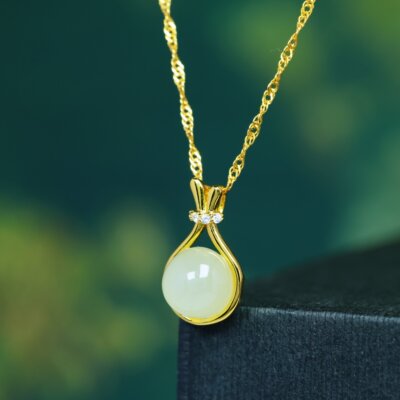 s925银镶和田玉青海料8厘珠吊坠高档颈饰圆形项链锁骨链气质3685