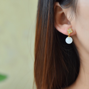 s925银镶和田玉10厘珠子耳坠2101-6#