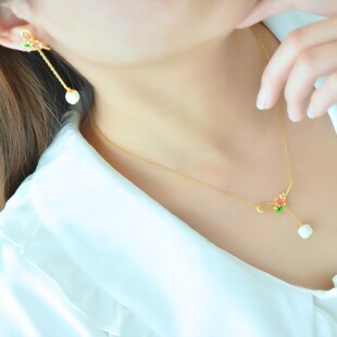 s925银镶和田玉精品两件套吊坠耳坠颈饰金色项链花朵造型0058