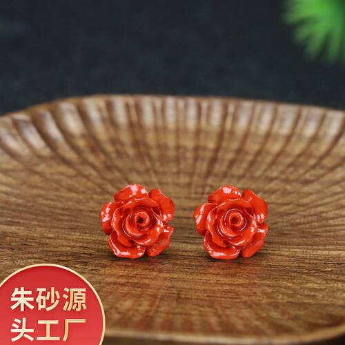 红色玫瑰花朱砂耳环高含量S925银耳钉高级感五瓣花耳饰小众耳坠