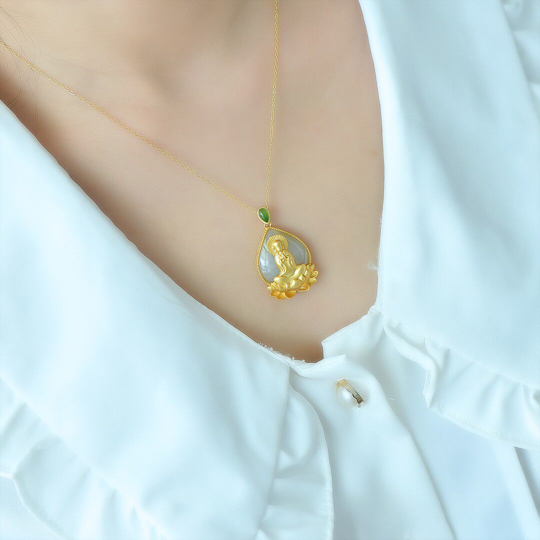 s925银镶和田玉悟道挂件玉坠佛公吊坠颈饰佛像金色项链吊坠5672