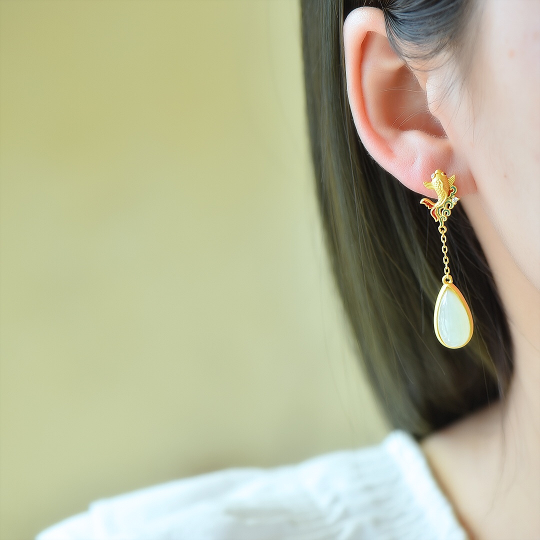 s925银镶和田玉羊脂白玉耳环年年有余复古国风显瘦耳坠