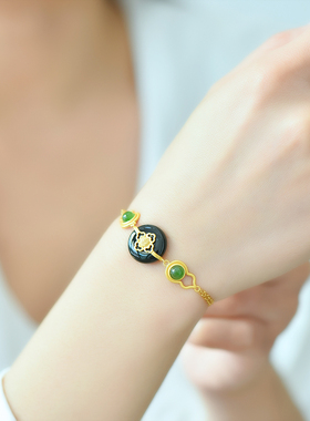 s925银镶和田玉塔青平安扣手链