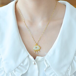 s925银镶和田玉如意锁配珍珠吊坠国风白玉颈饰项链挂件百搭3474