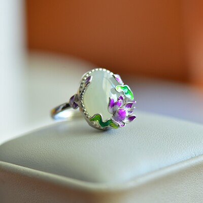 s925银镶和田玉蛋面珐琅戒指