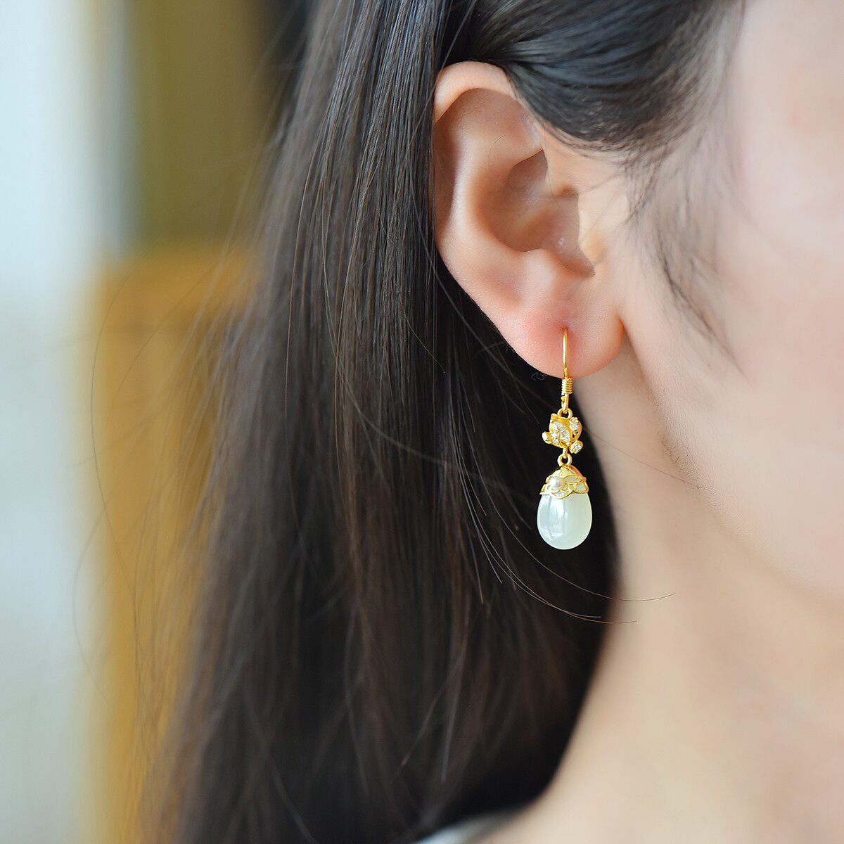 s925银镶和田玉水滴耳坠气质耳环白玉女士送礼圆珠复古耳钩2994