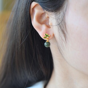 s925银镶和田玉烟青色8厘珠耳坠白玉精美耳钉优雅天然石气质2936