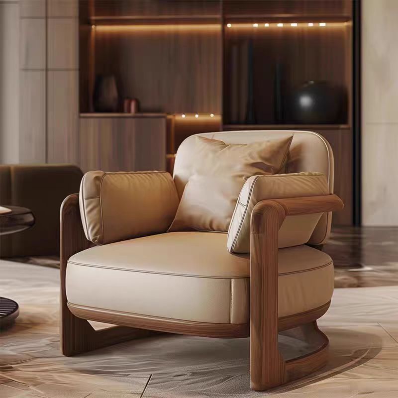 新中式北美黑胡桃木实木单人真皮沙发椅2025新款客厅休闲椅懒人椅