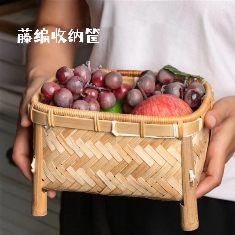 竹筐竹编收纳盒桌l面零食果篮精编高脚竹制品编织竹篮小筐竹子竹