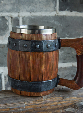 德国大肚仿真皮革木桶杯子双层啤酒杯家用美式复S古扎啤杯男马克