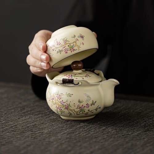 新款米黄汝窑泡茶壶茶杯防烫带过滤家用轻奢M高档陶瓷功夫茶具套