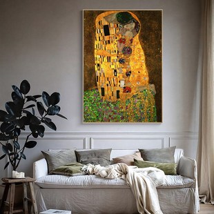 克里姆特吻抽象艺术装饰画金色酒店玄关走廊N挂画卧室浪漫复古壁