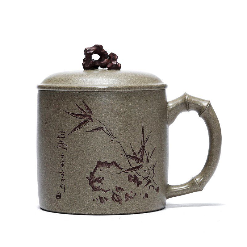 宜兴紫砂杯正宗全手工p刻字原矿青灰段泥泡茶水杯子办公太湖石盖