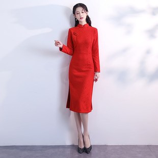 快速发货礼仪迎宾旗袍加绒冬款女冬长袖礼服加厚冬V装红色外嫁女