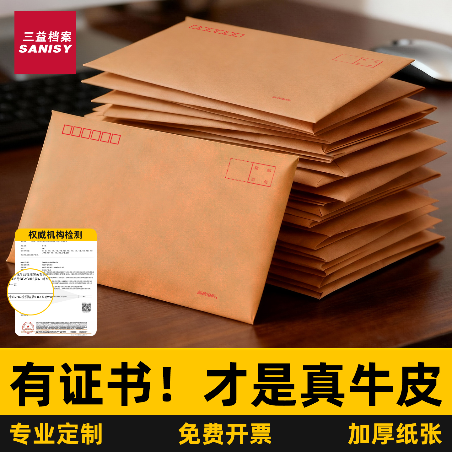 三益加厚牛皮纸信封小号增值税专用发票袋工资文件袋A4大号可邮寄信封信纸黄色白色牛皮纸信封可定制印刷logo