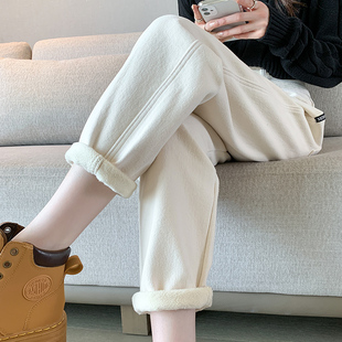 米白色加绒加厚牛仔裤 子 女宽松显瘦2024年秋冬高腰萝卜哈伦老爹裤