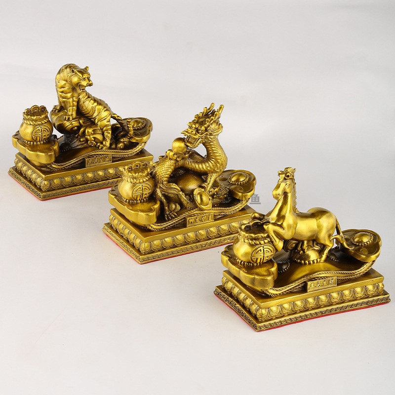 大号全黄铜方底如意十二生肖摆件全套牛虎龙蛇鸡狗纯铜.属相工艺