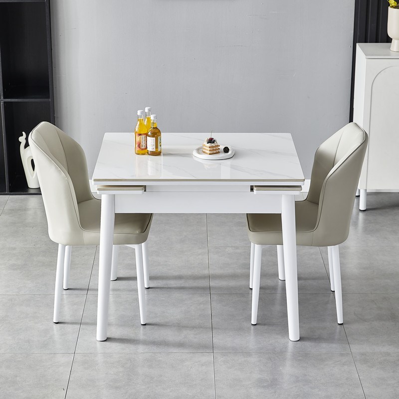 奶油风岩板餐桌椅组合轻奢现代简约家用I小户型可伸缩折叠白色餐