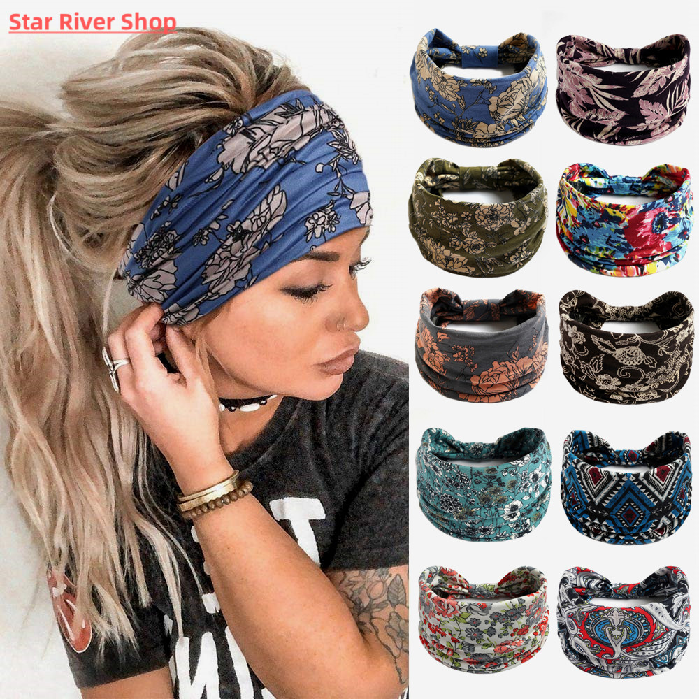New Boho Flower Print Wide Headbands Vintage Knot Elastic Tu
