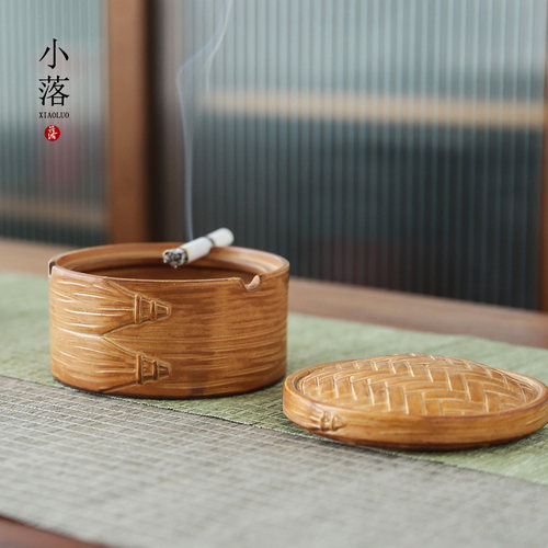 小落创意烟灰缸陶瓷带盖子办公室家用客厅防飞灰复古蒸蒸日上烟缸