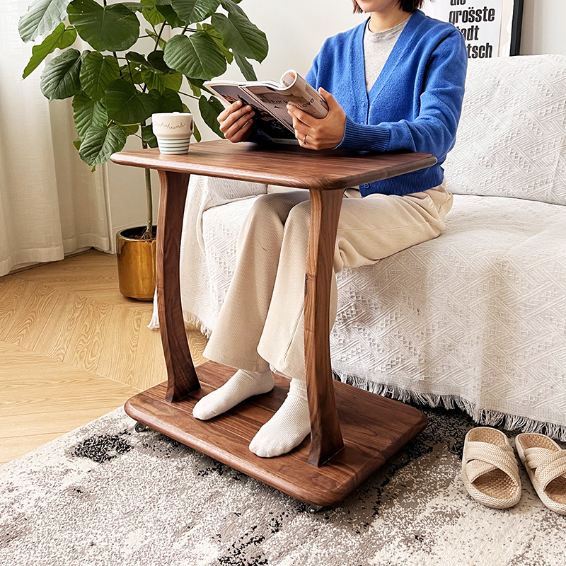 黑胡桃实木可移动沙发边几带轮小茶几 c型桌子卧室床边桌阳台茶桌