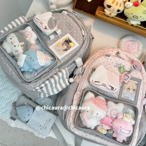 CHICAURA不想学习蓝白小猫双肩包粉灰色可爱痛娃包背书包大容量in