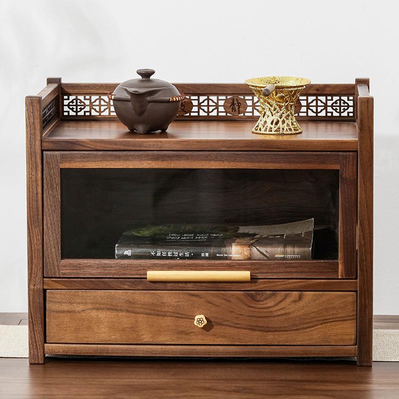 胡桃木置物架桌面小型钢化玻璃防尘博古架实木简约抽拉台式收纳柜