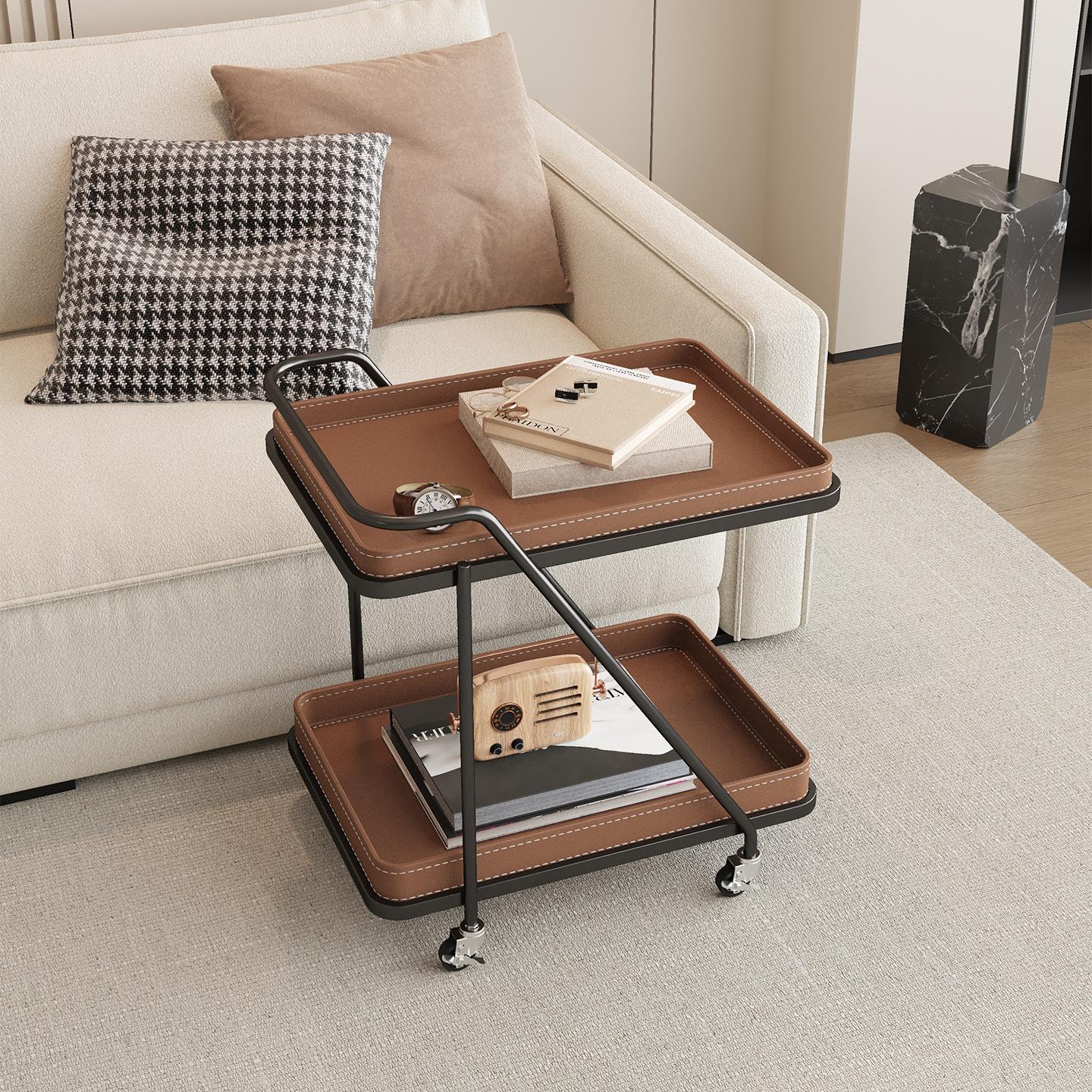 意式轻奢马鞍皮边几移动沙发边几带轮床头柜美业工具小推车置物架
