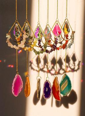 天然水晶碎石月亮太阳捕手风铃吊坠彩色玛瑙片园林挂件