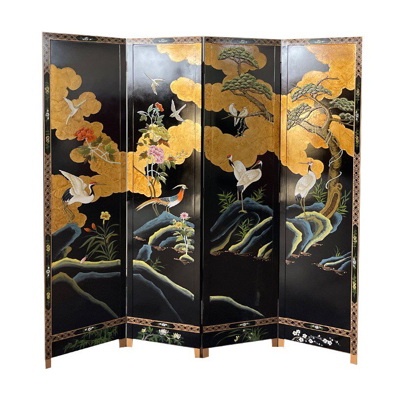精选手绘中古黑底花鸟小众折屏复古屏风漆画客厅隔断茶室背景遮挡