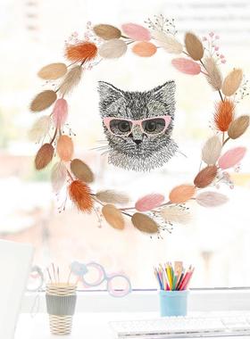 叶子猫咪头像儿童房背景墙贴纸墙面可爱装饰贴画浴室马桶贴-33058