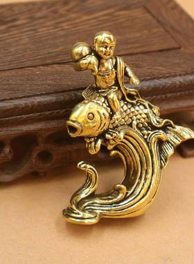 黄铜鲤鱼童子摆件家居办公室桌面摆件鲤鱼跃龙门黄铜工艺品