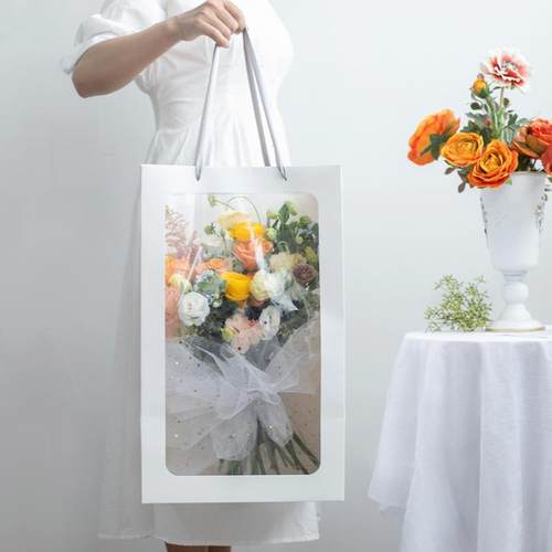 母亲节礼品包装袋橱窗透明手提礼物袋正方形牛皮纸袋鲜花手提袋