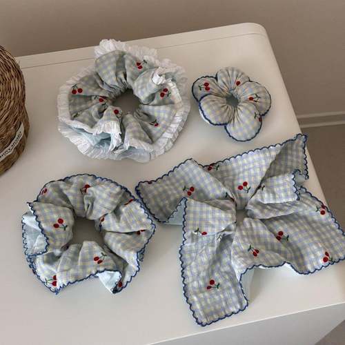 蓝色小清新樱桃花边大肠发圈头饰女甜美可爱扎头发绳大号双层发圈