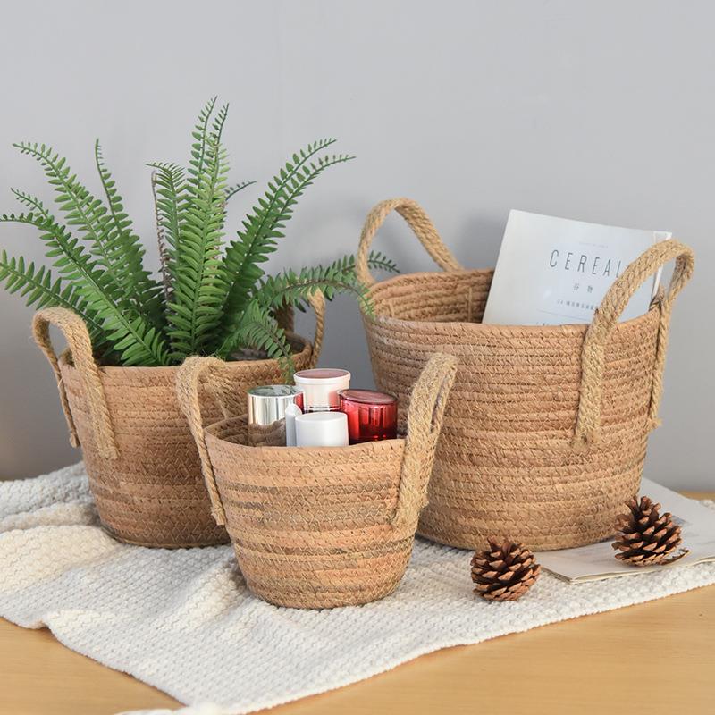 北欧草编织手提花篮藤编绿植花盆植物盆栽杂物收纳筐家居装饰花篮