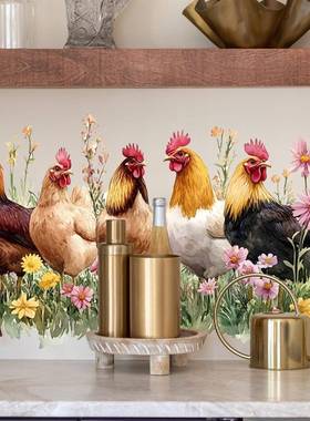2025新款CH82131花丛中的鸡群防水防油贴纸可移除墙贴可跨境