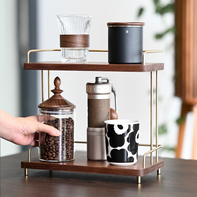 杯子收纳a置物架高级感咖啡角马克杯架水吧桌面双层黑胡桃实木杯