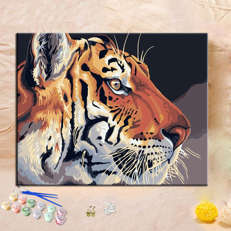 老虎数字油彩画手绘diry虎头豹子水彩画动物解闷手工自绘填充色画