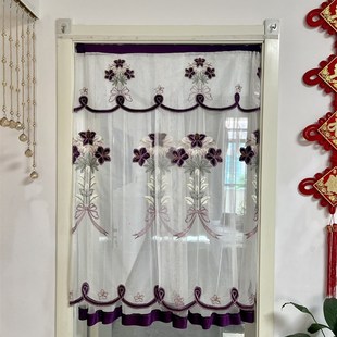半截门帘短款绣花蕾丝纱门帘半透明帘子双N层免打孔门帘卧室家用
