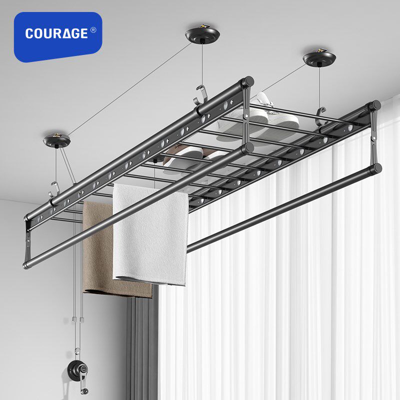 升降晾衣架手摇阳台双杆式家用晾衣杆神器自O动顶装手动晒衣架凉