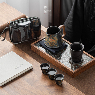 户外露营喝茶装 紫砂旅行茶具套装 陶瓷手绘快客杯一壶三I杯便携式