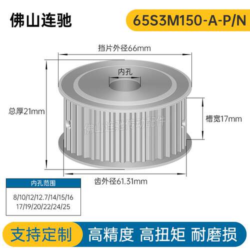 S3M65齿 两面平同步轮 槽宽17 AF型 同步皮带轮齿轮铝65S3M100