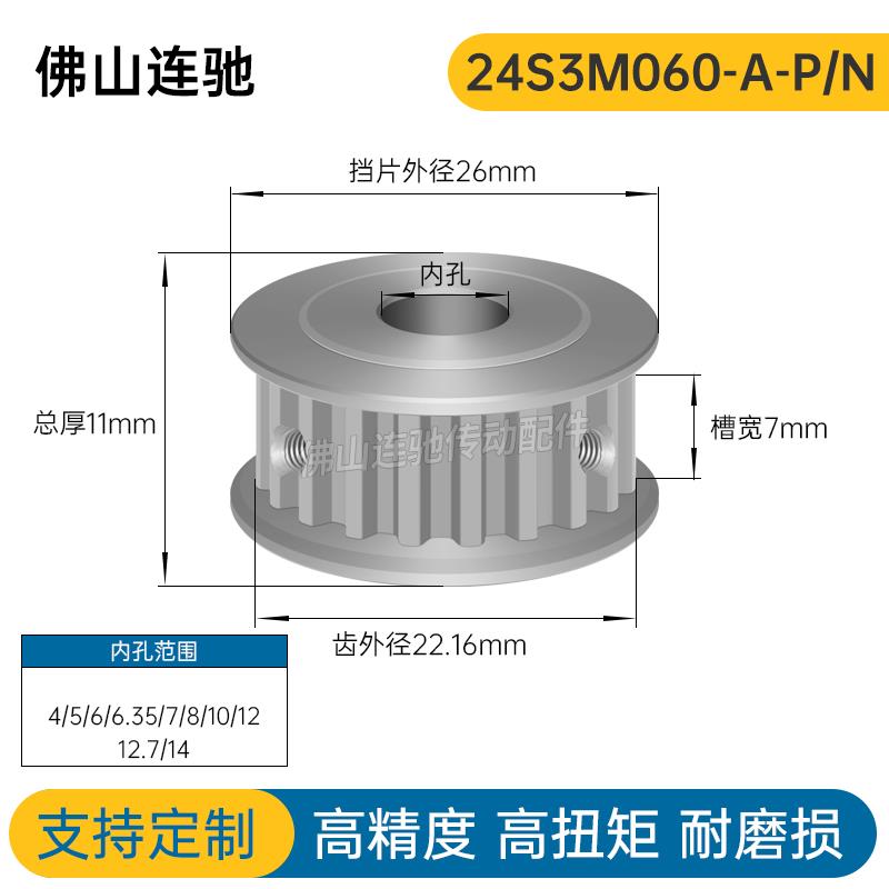 同步轮 S3M24齿 槽宽7 AF型 两面平同步带轮HTPA24S3M060-A-P4-12